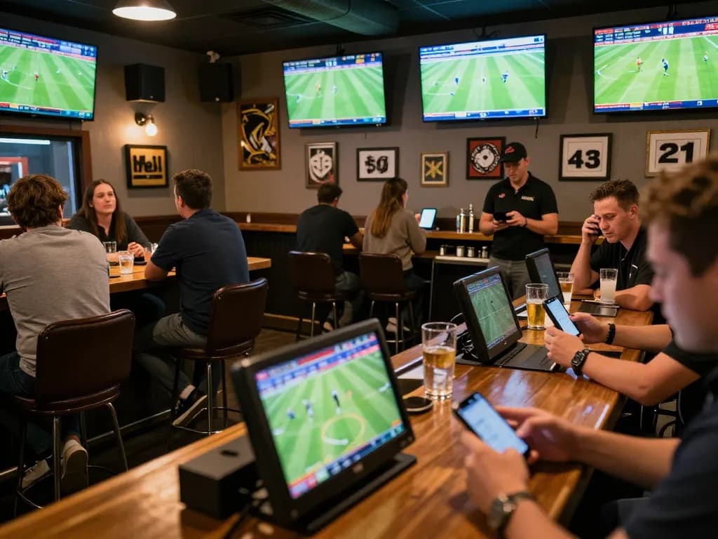 Football fans placing bets at a busy sports betting bar with multiple screens showing live matches