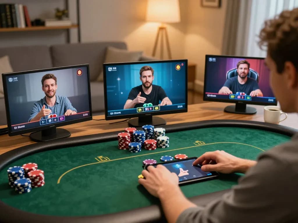 OnBet gaming strategy session with players engaging in an online poker game, showcasing a tablet interface and cozy atmosphere.