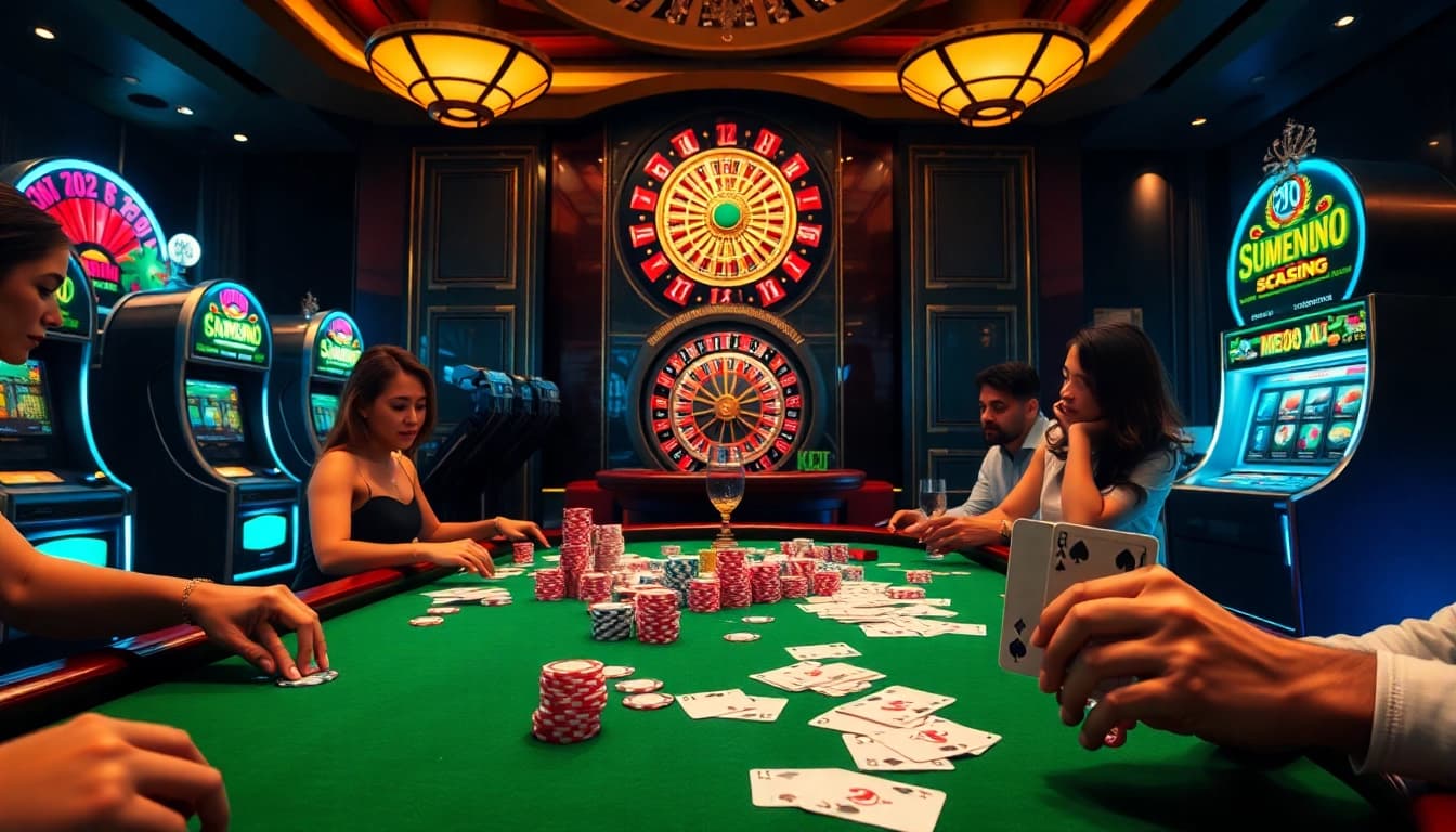 Players enjoying a thrilling game at MM88 KJC casino with vibrant poker chips and slot machines.