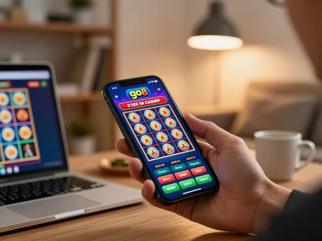 Engaging gamer exploring the go8 app for online casino slots in a cozy home setting.