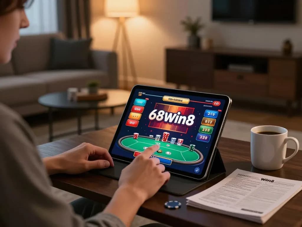 Engaging with 68win8 online casino games on a tablet in a stylish living room