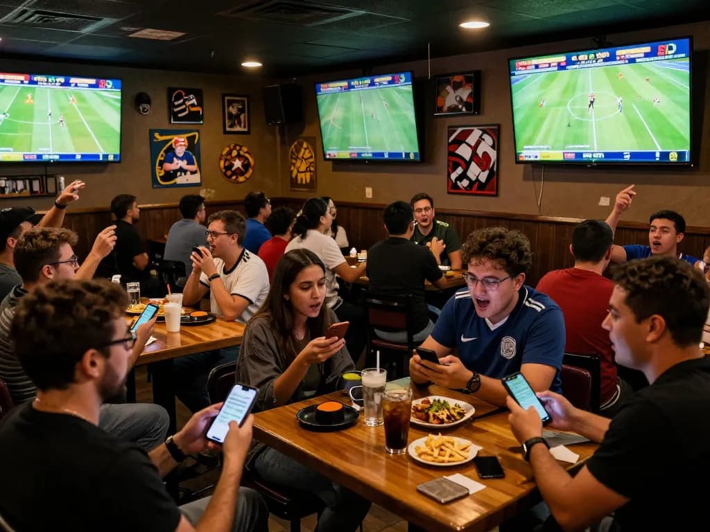Fans tracking kết quả bóng đá and betting on live matches at an energetic sports bar.