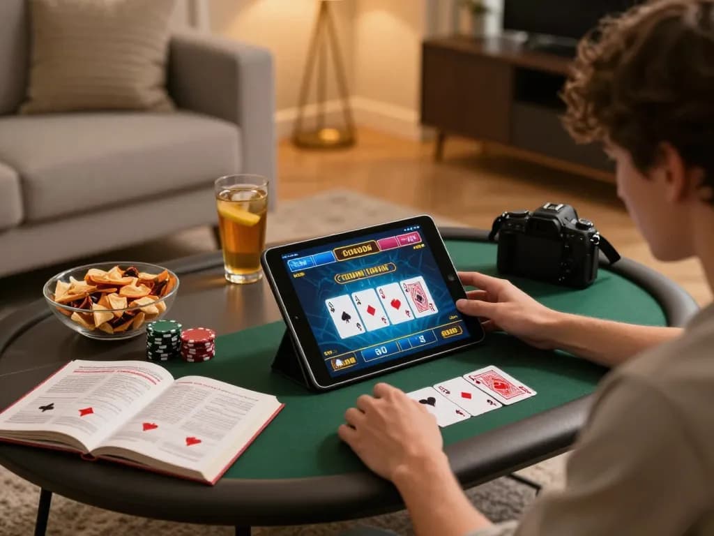 Good88 player enjoying poker on a tablet in a cozy home setup