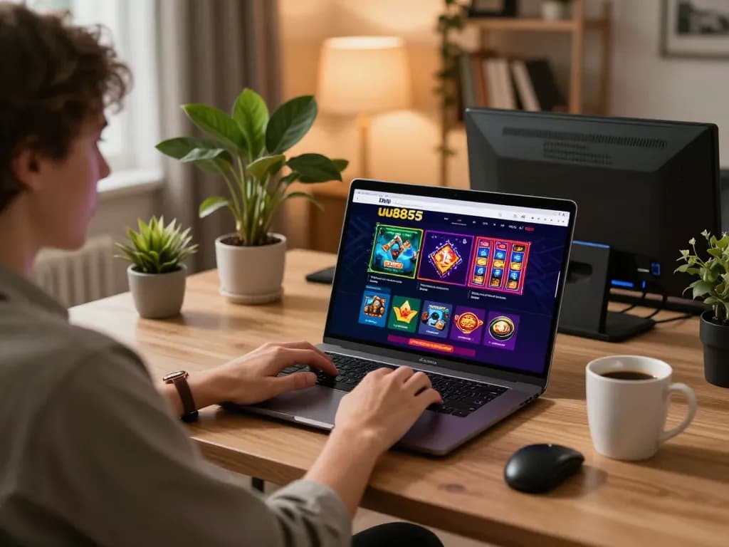 Engaged player playing at uu8855 online casino with a sleek setup in a cozy environment.