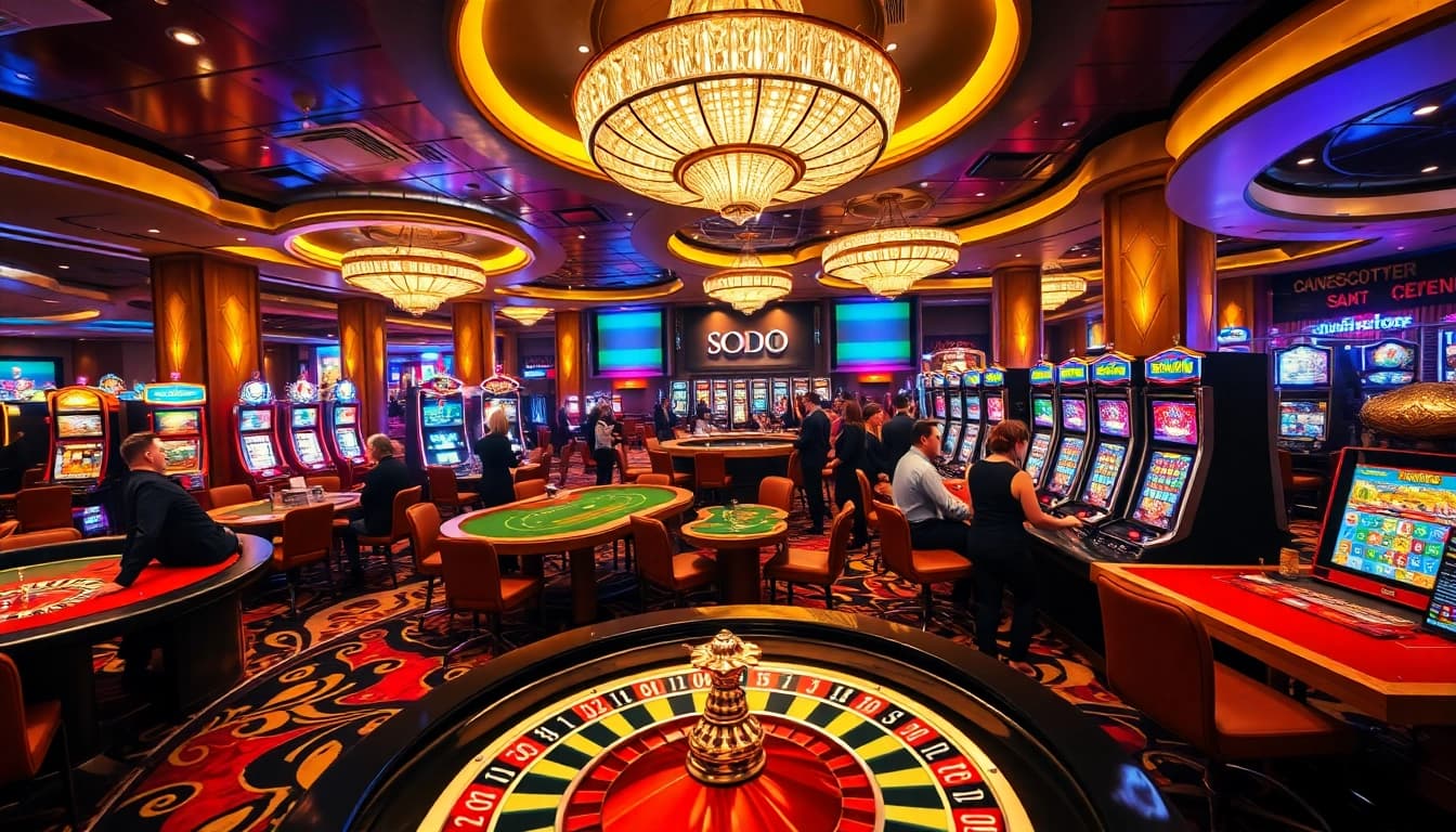 SODO casino scene showcasing vibrant gaming elements and luxurious patrons engaged in gambling.