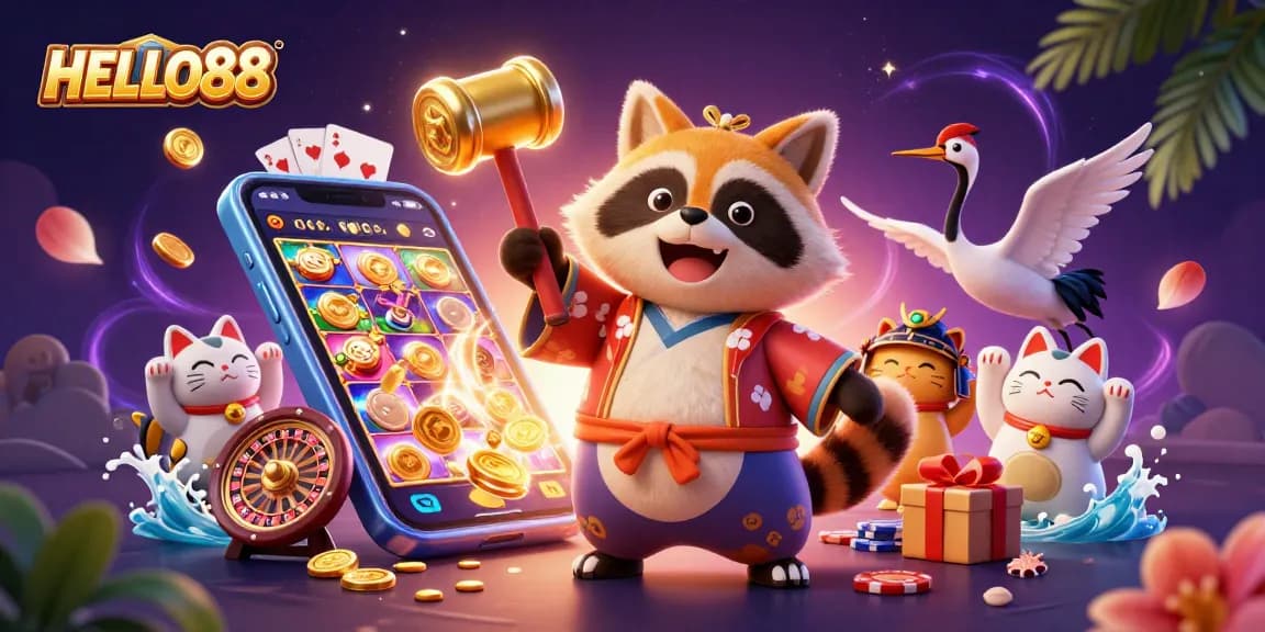 Experience top-notch gaming at HELLO88, featuring lively characters and engaging casino elements.