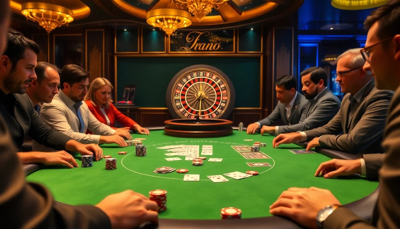 Players engaging in a thrilling game of poker at a casino, featuring TR88 tactics.