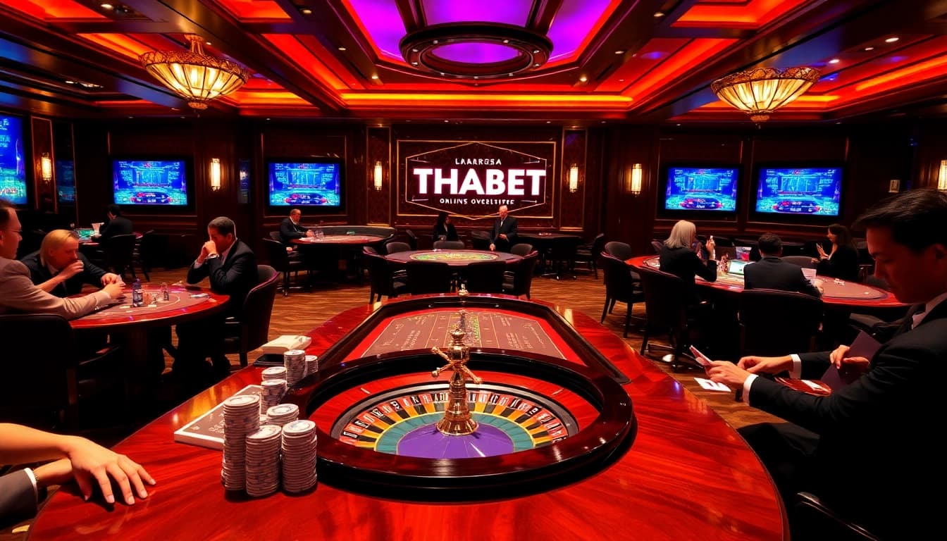 Players engaging in thrilling gambling at THABET casino, showcasing vibrant games and excitement.