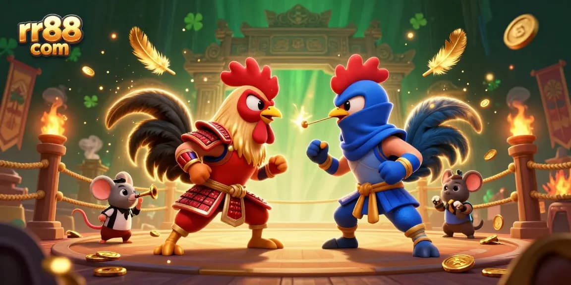Engage in exciting betting action with rr88 com's dynamic fighting rooster illustration, showcasing online casino thrill.