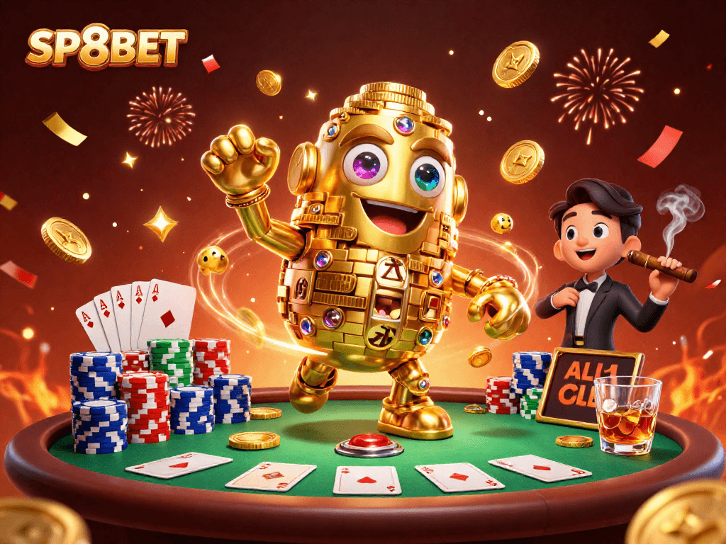 Experience thrilling gaming action with SP8BET in this vibrant casino illustration.