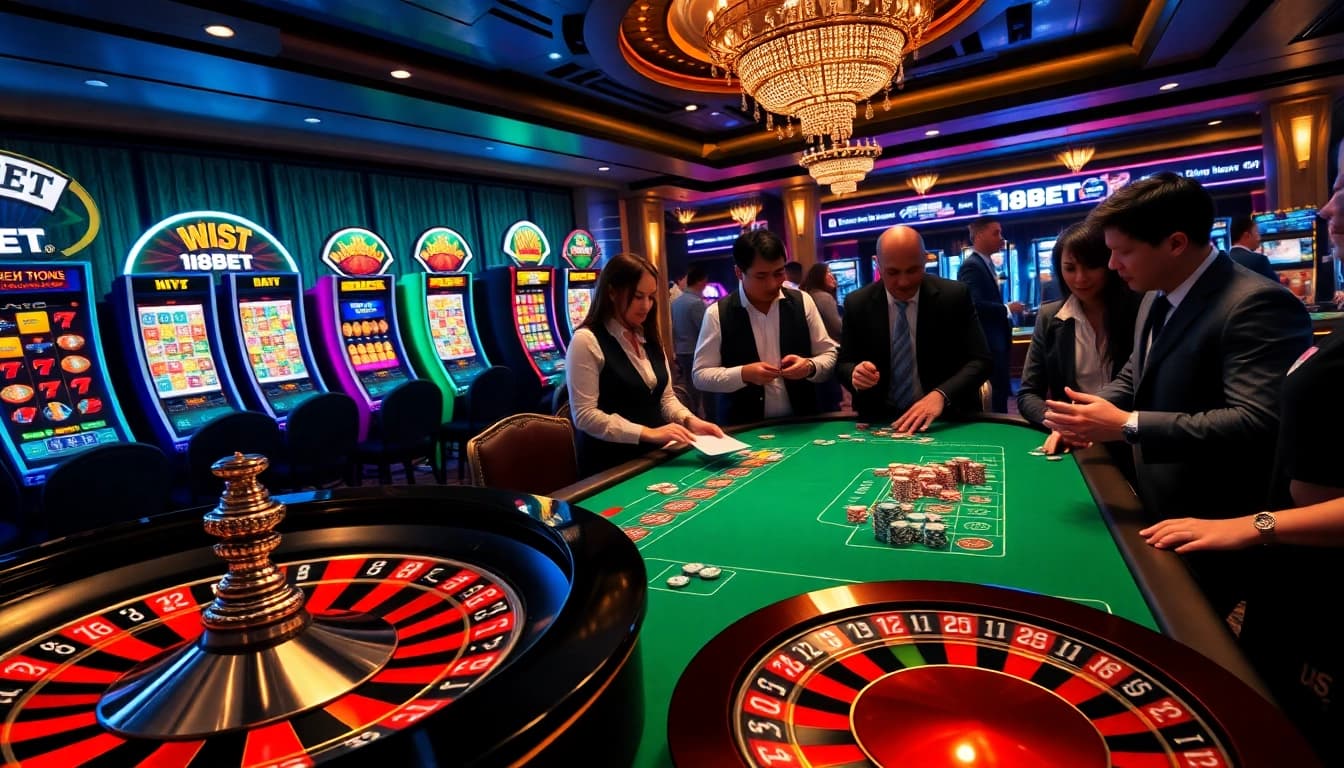 Online gambling at 188BET with players enjoying roulette and poker games amidst vibrant casino lights.