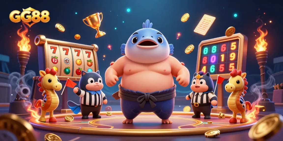 Experience the thrill of GG88 with a lively underwater casino illustration featuring a blowfish in a sumo belt and vibrant gaming elements.