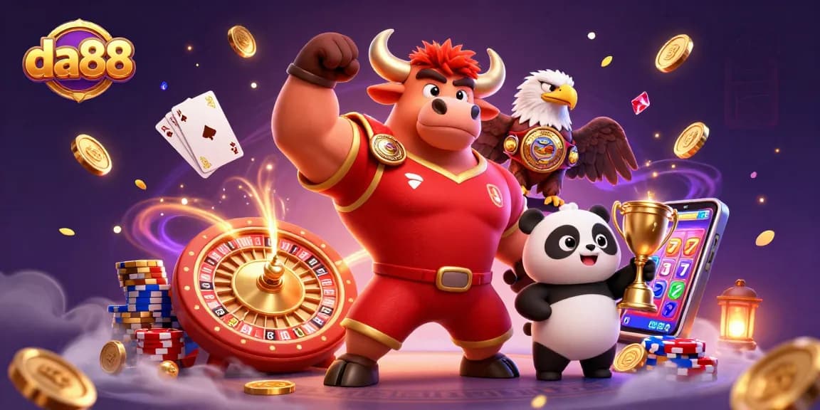 Experience thrilling wins with da88 in this vibrant 3D casino scene featuring dynamic characters and rich gaming elements.