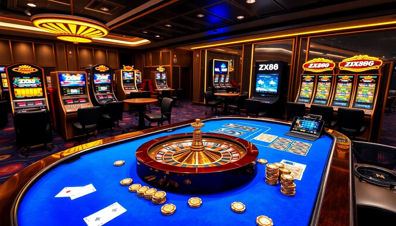Experience the thrill of ZX88 at a luxury casino table with cards and vibrant chips.
