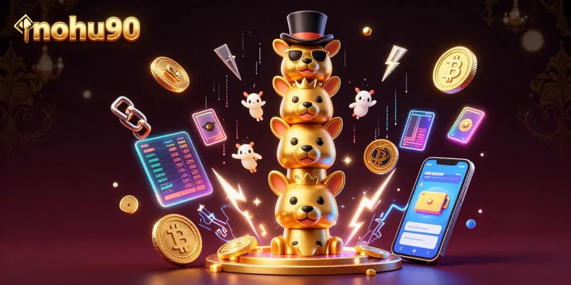 Engage with exciting games like nohu90 in a vibrant casino setting featuring golden totem poles and crypto coins.