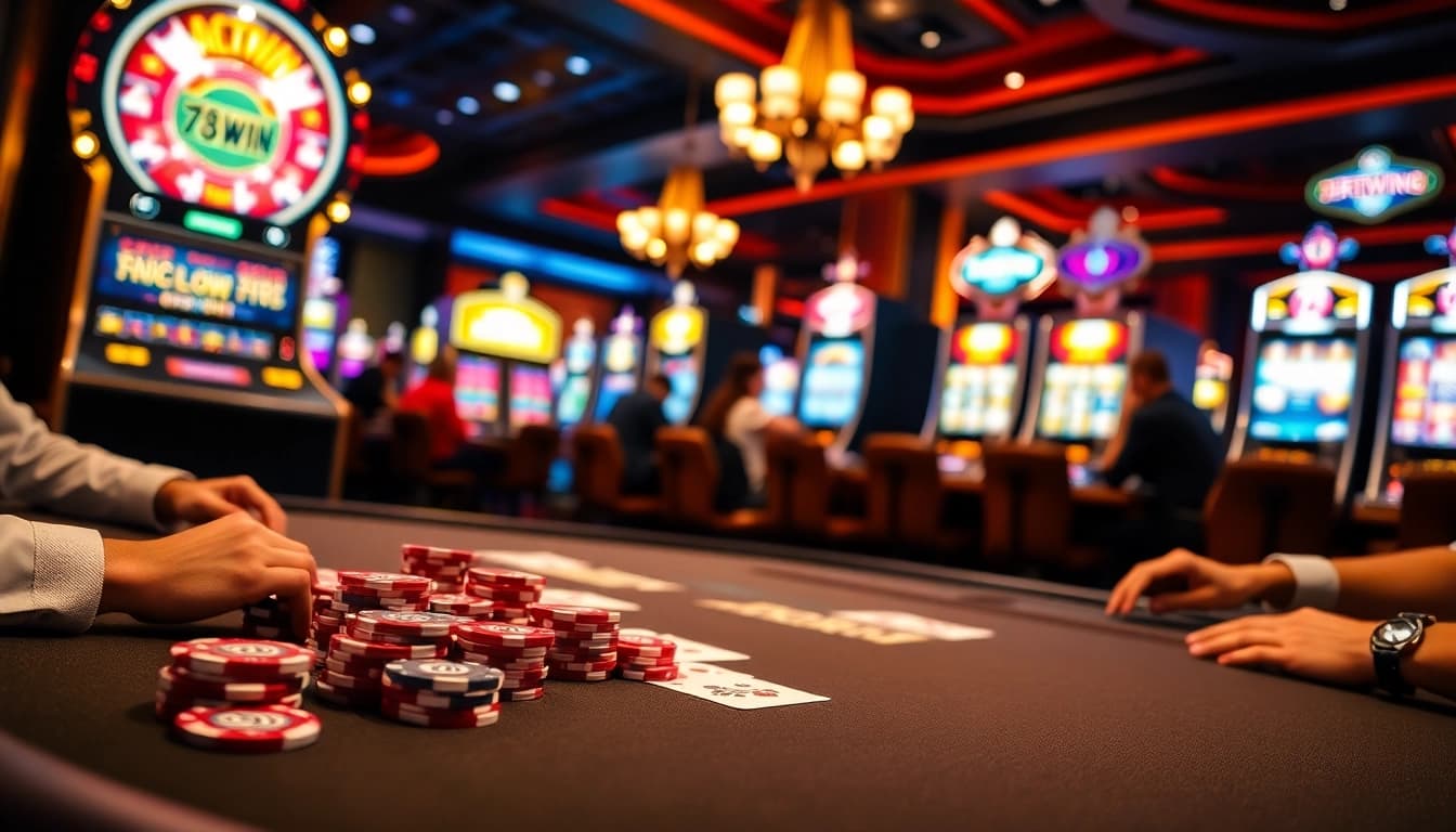 78WIN branding shines on poker chips and cards at an elegant casino table, showcasing excitement.