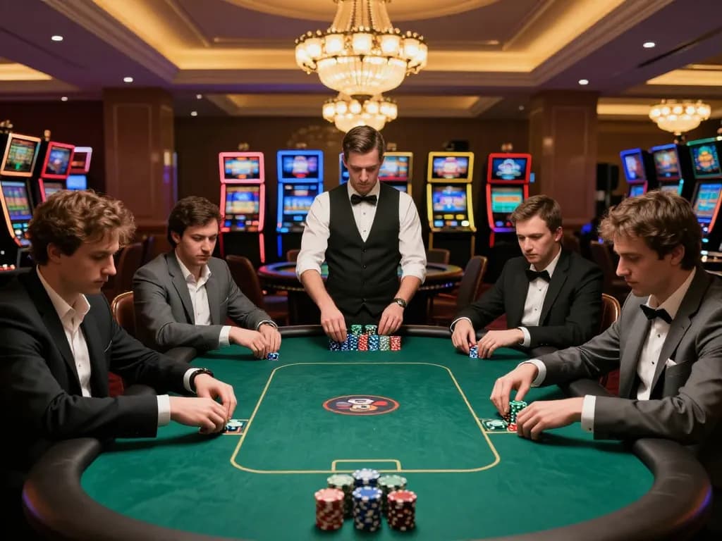 The tension builds as players engage in a strategic poker game at 68win casino, chips stacked and cards dealt under elegant lighting.