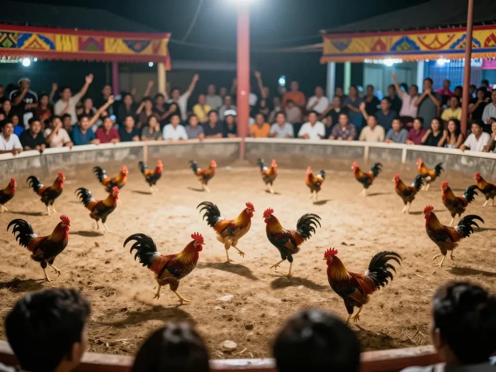 Witnessing thrilling Đá gà thomo matches, vibrant arena with cheering spectators and fierce roosters.