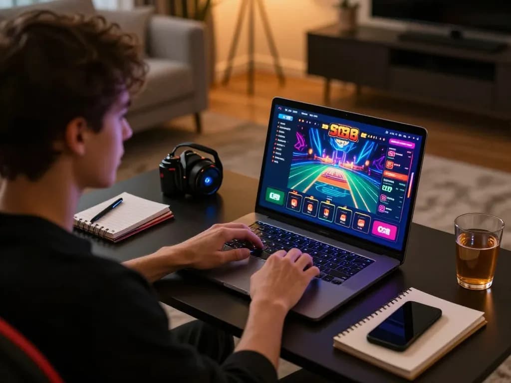 Player using SC88 casino app on a laptop during a comfortable online gambling session.