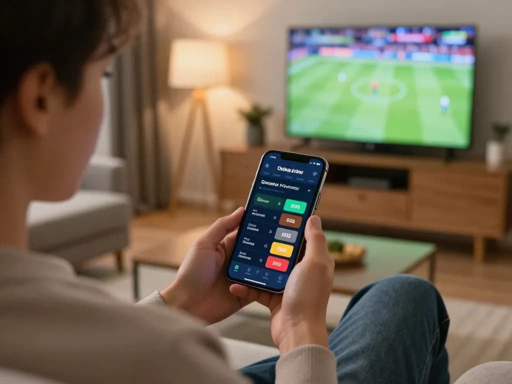 Engaging in online sports betting on a smartphone with oli4d, showcasing real-time odds and a cozy atmosphere.