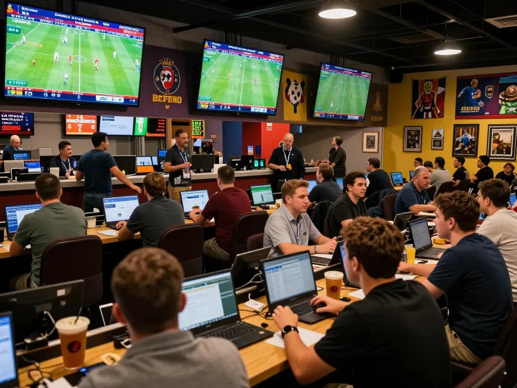Experience การวิเคราะห์ฟุตบอล in a lively sportsbook with crowds and pulsating energy.