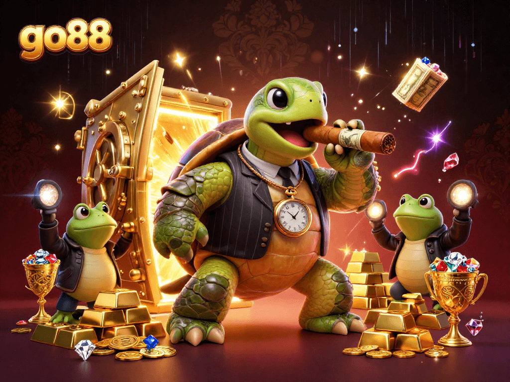 Experience thrilling action at go88 with a vibrant scene of a massive snapping turtle and bullfrog enforcers surrounded by casino treasures.