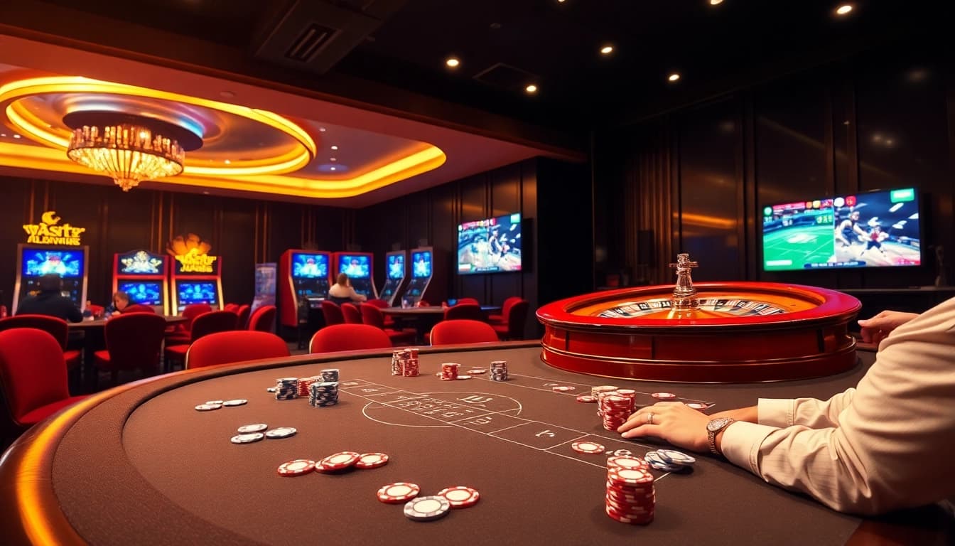 Experience high-stakes poker and roulette action in a glamorous casino setting, highlighting bong88 viva88.