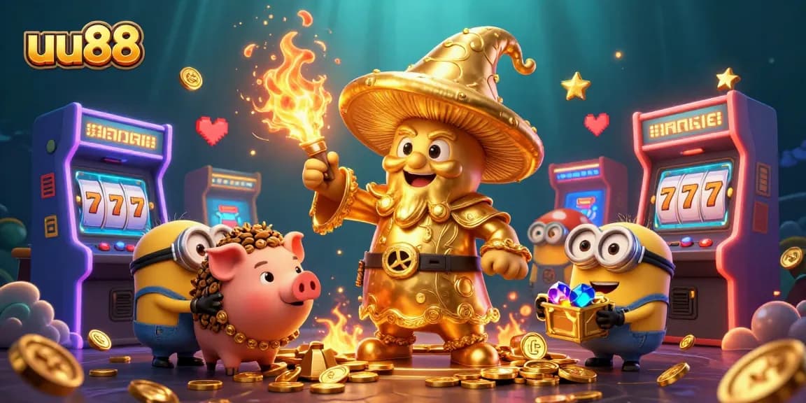 Engage with thrilling games at uu88, featuring a golden mushroom wizard and treasure-hunting pig surrounded by vibrant arcade elements.