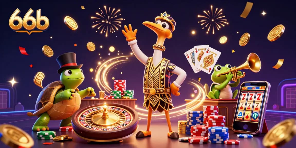 Engage with 66b's exciting casino scene featuring vibrant characters, games, and golden treasures.