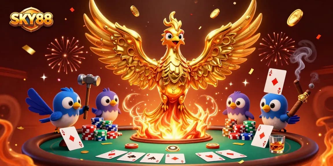 Engage with SKY88 in this vibrant scene featuring a molten phoenix and exciting casino elements.