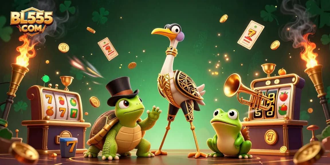 Play exciting games at BL555 COM with vibrant 3D illustration featuring dynamic casino elements.
