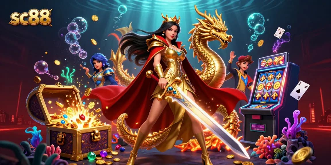 Experience thrilling wins at sc88 with a vibrant casino scene filled with slot machines and a warrior queen.