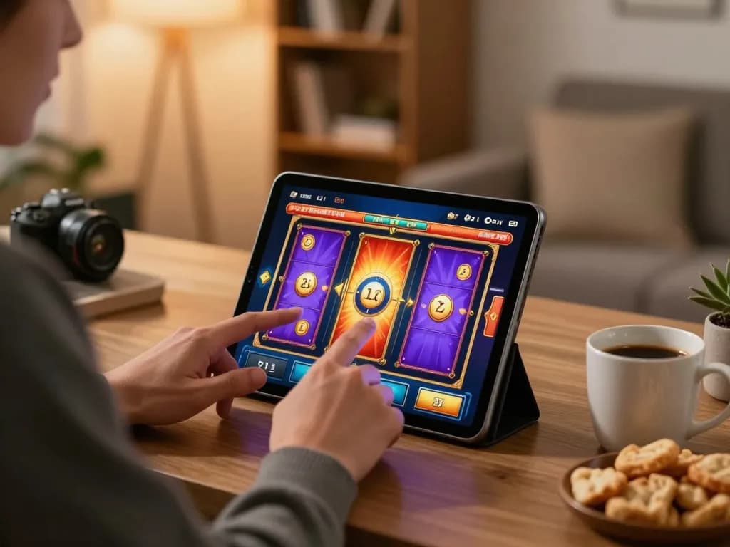 Bay789 player enjoying slot games on a tablet in a cozy home setup, emphasizing casual gambling experience.