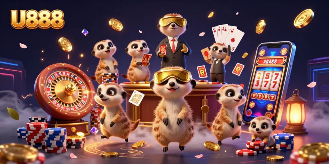 U888 meerkats managing a dynamic casino scene with slots, chips, and vibrant gaming elements.