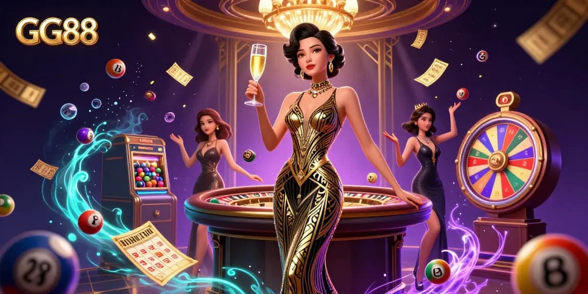 Experience GG88's vibrant casino atmosphere with elegant players and thrilling game elements.