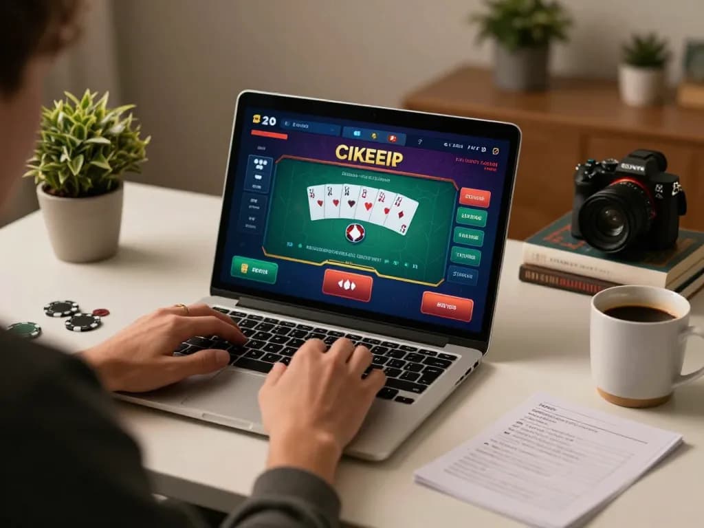 68WIN player engaging with exciting online poker game on stylish laptop interface
