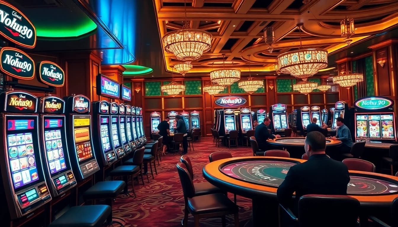 Nohu90 players engaged at luxurious casino tables, showcasing excitement and gambling action.