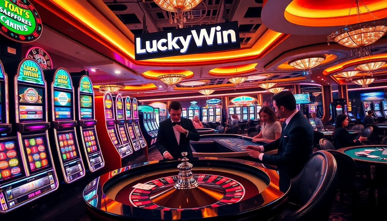 Experience the thrilling atmosphere of LuckyWin with players at a vibrant casino.