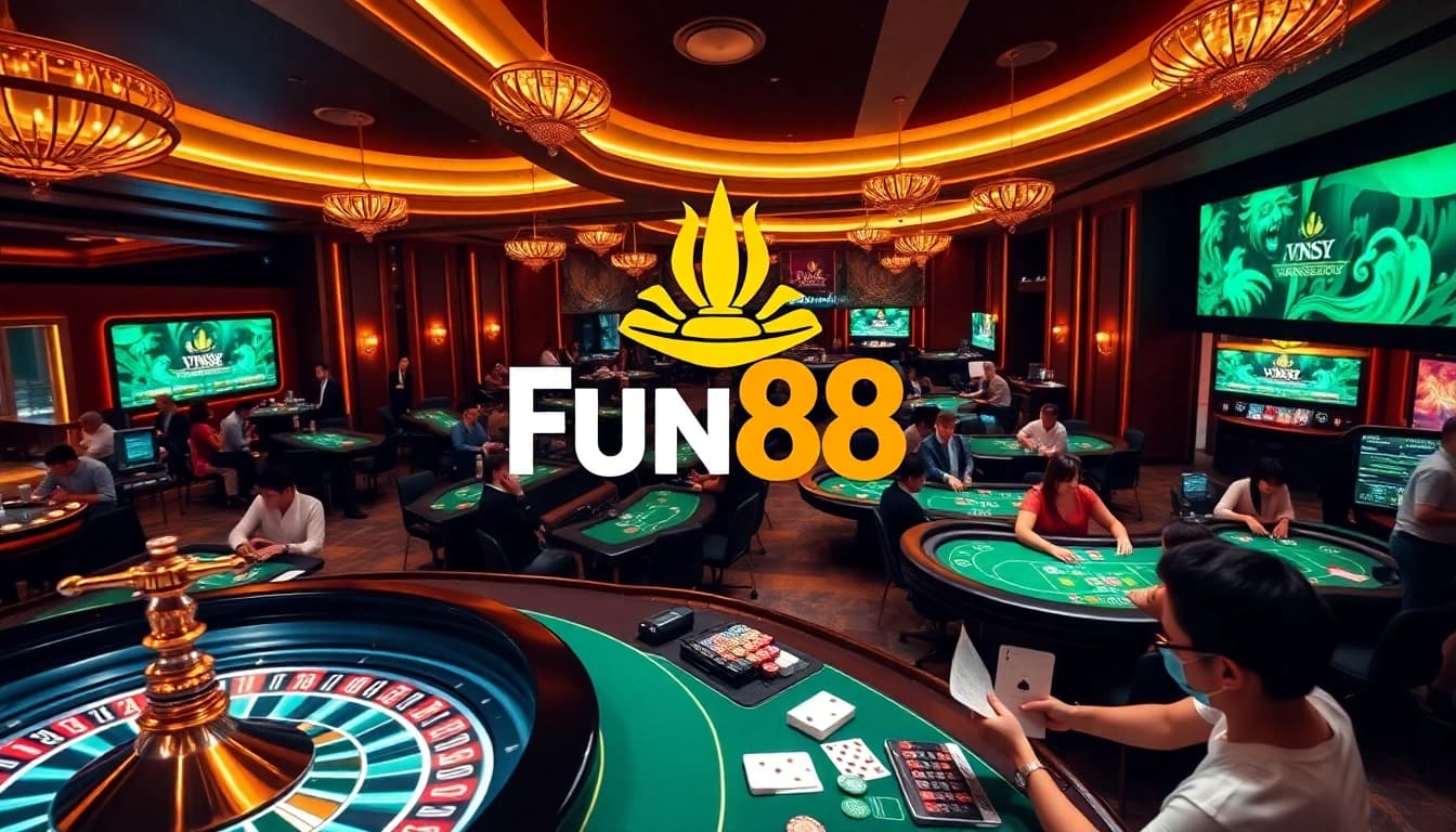 Action-packed Fun88 gambling scene with roulette wheel and enthusiastic players making bets.