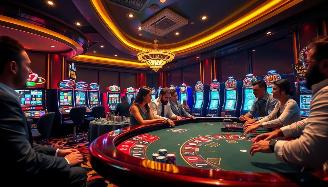 Experience the thrill of gaming at LC88 Marketing's luxurious casino with vibrant slot machines and exciting poker tables.