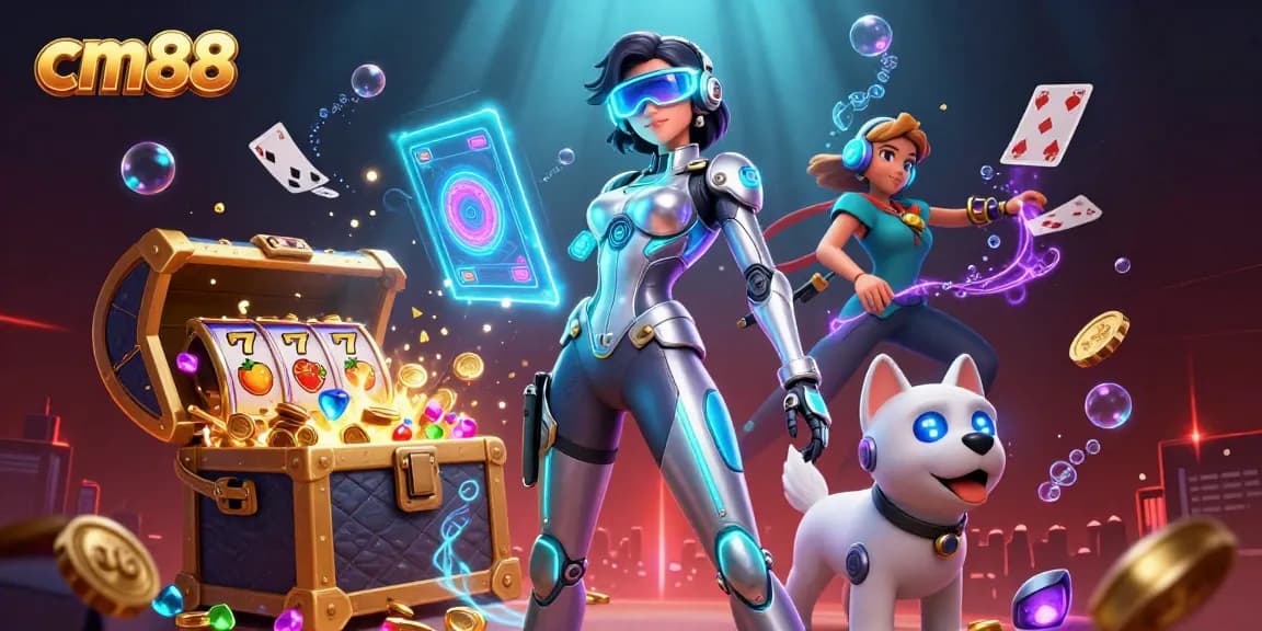 Experience the excitement of cm88 as a futuristic woman and robot dog explore a vibrant casino world.