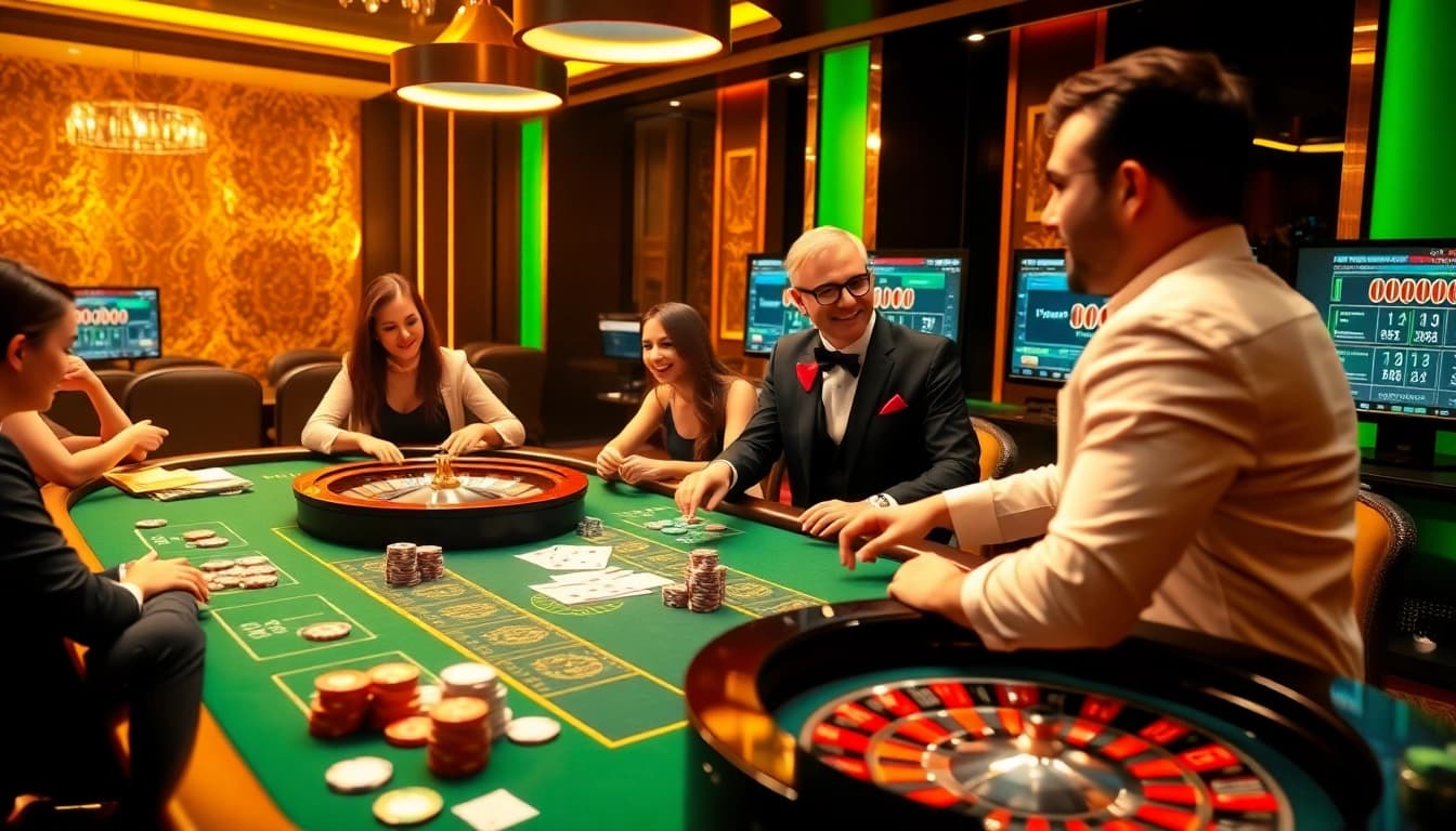 Players enjoying an exciting game at a casino table inspired by mm88 com, showcasing strategy and excitement.