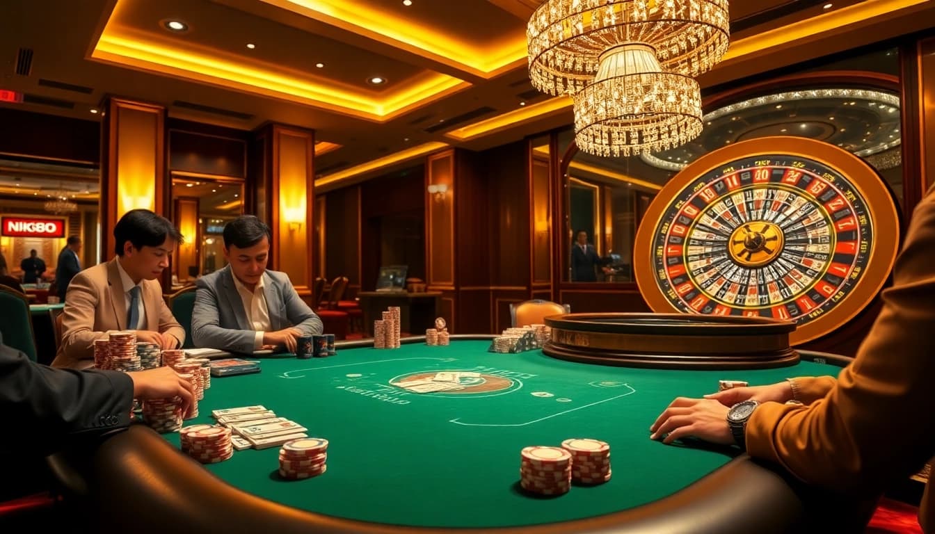 NK88 casino scene featuring a high-stakes poker table with vibrant chips and engaging dealers.