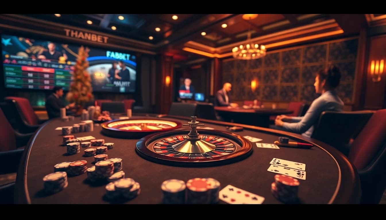 Engage with FABET's thrilling online casino experience featuring poker chips and a glowing roulette wheel.