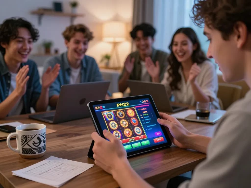 Players enjoy engaging slots on PH22 casino app, celebrating wins in a cozy gaming setup.
