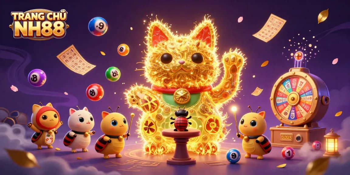 Experience the vibrant action of TRANG CHỦ NH88 with golden fireflies, lottery elements, and magical energy in an engaging casino scene.