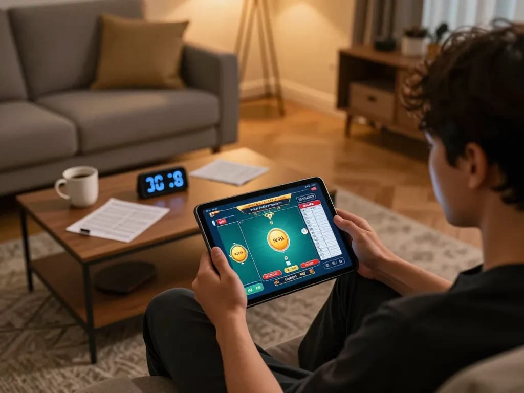 Engaged player strategizing in a tài xỉu online game from home, emphasizing responsible gaming practices.