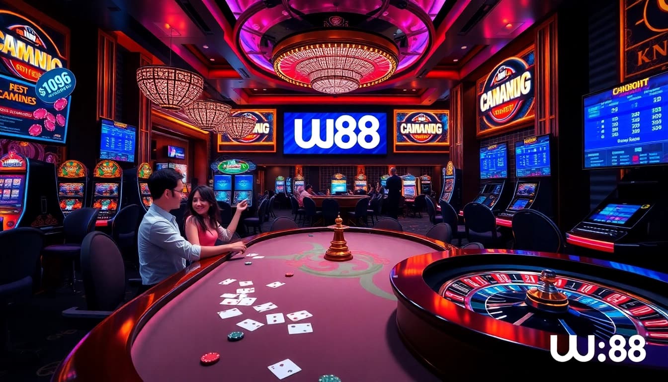 UU88 players engaging in thrilling casino games with poker tables and vibrant slot machines.