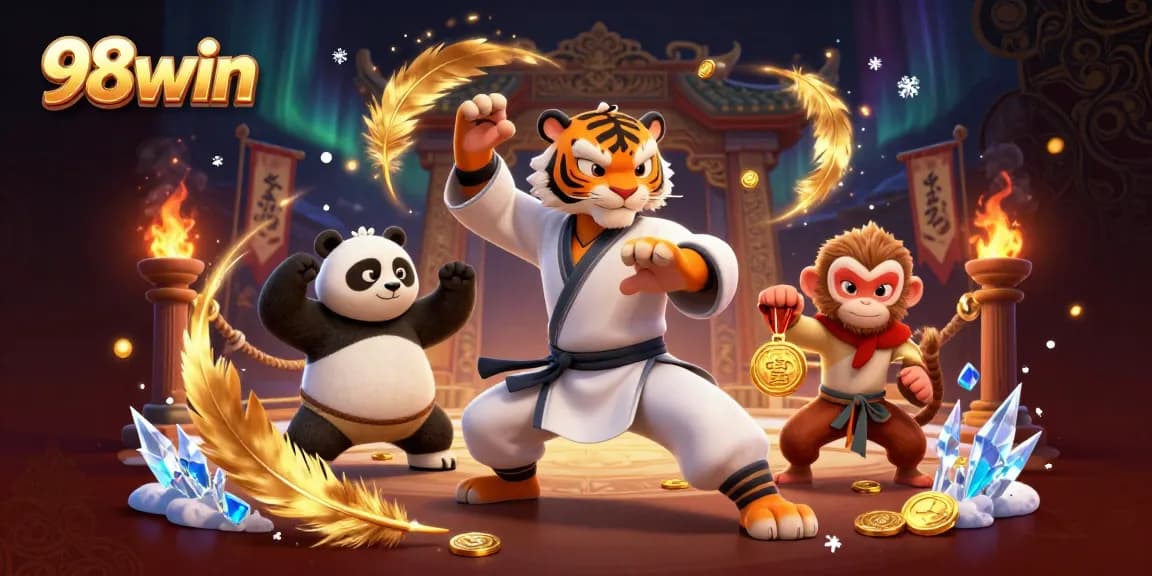 Engage with 98win's vibrant 3D casino illustration showcasing playful characters in an action-packed setting.