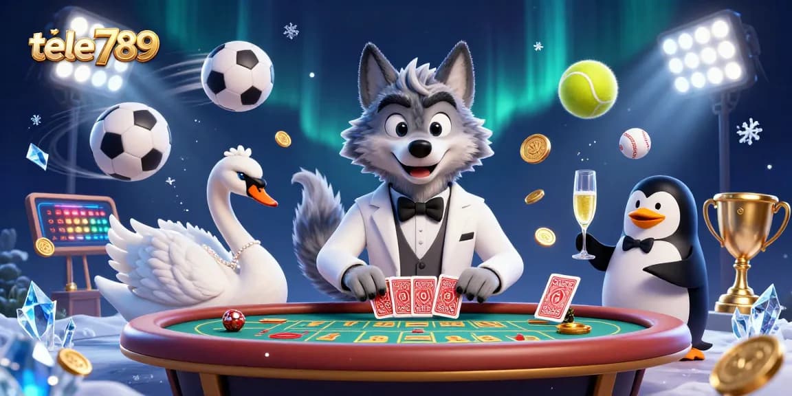 Experience the exhilarating atmosphere at tele789 with a vibrant illustration showcasing a debonair wolf at a baccarat table.